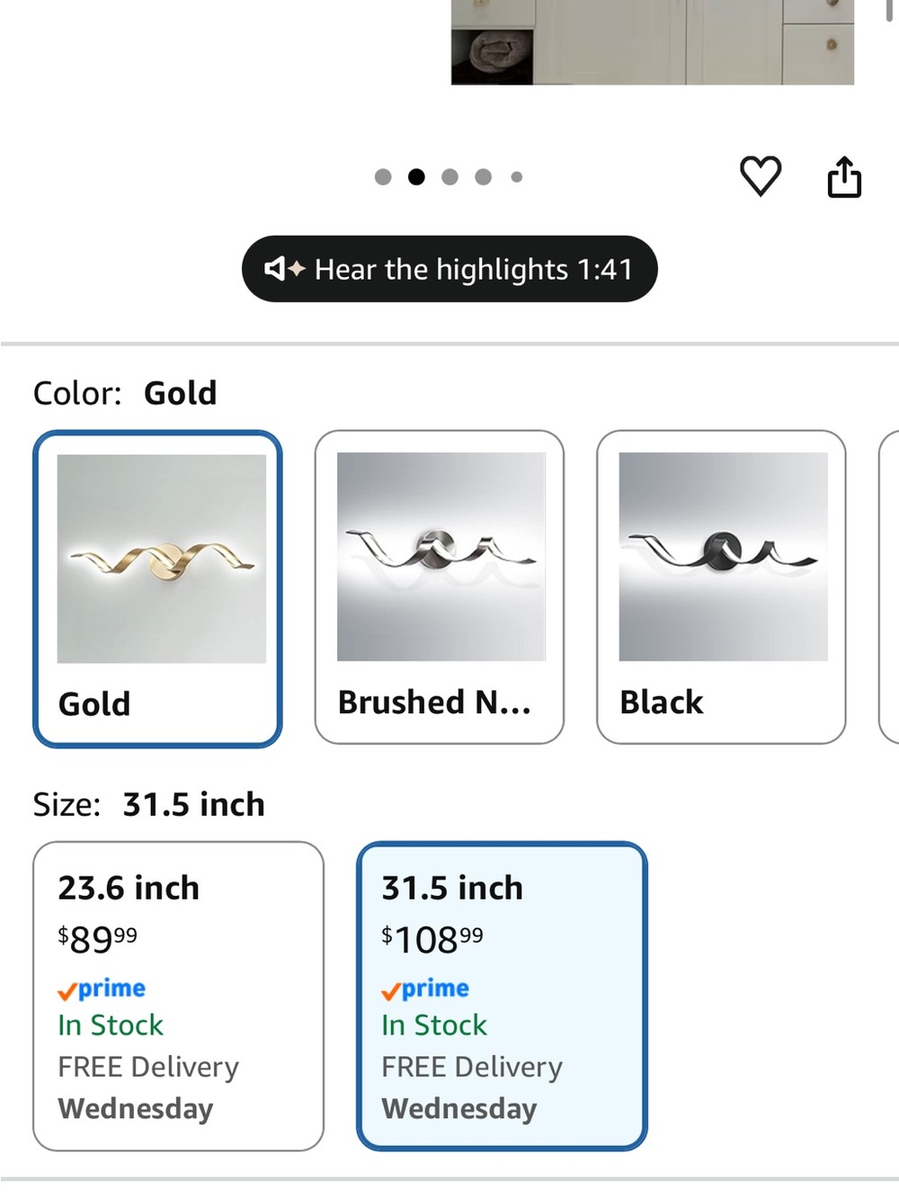 Amazon Light Gold Ribbon LED Vanity Light - Picture 3 of 4